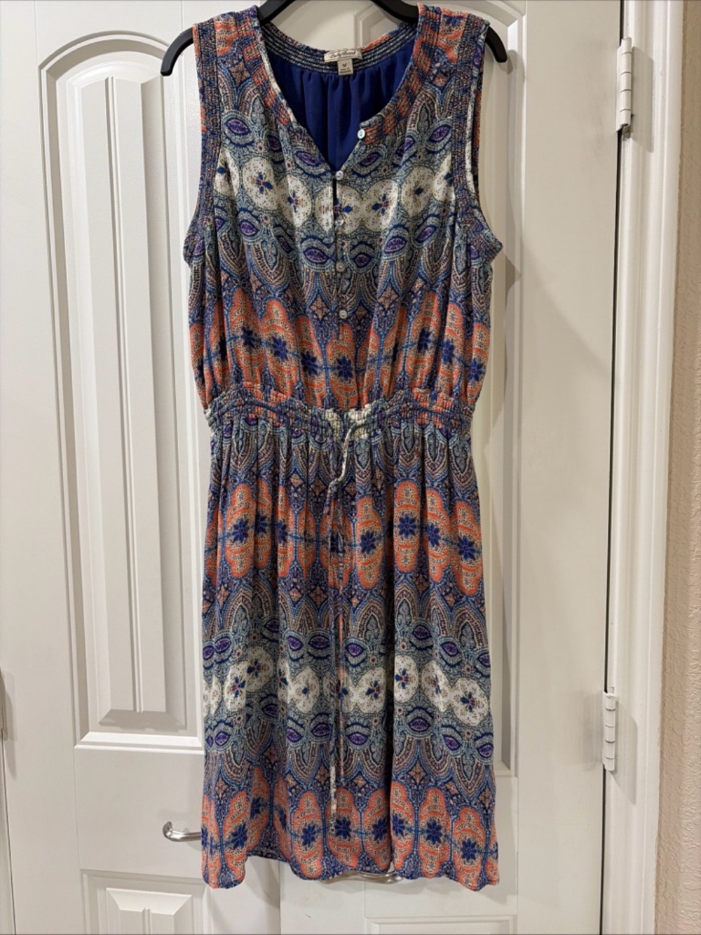 Lucky Brand Paisley Drawstring Sleeveless Dress in Blue & Orange
